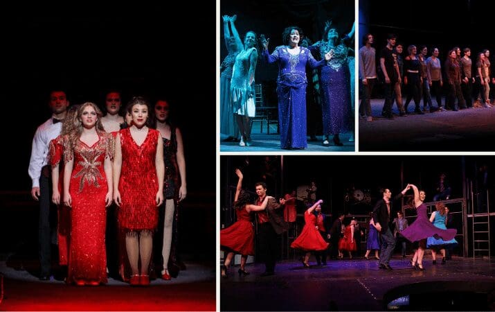 'Four images of theatrical performances featuring actors in colorful costumes on stage.'