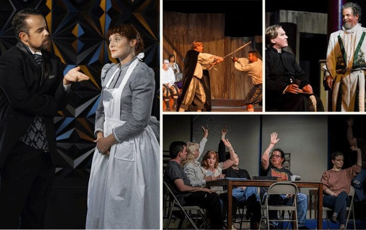 'Collage of theatrical performances: actors in period costumes, sword fight, and group discussion scenes.'