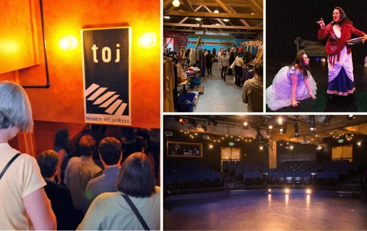People entering a theater, costume room, stage performance, and empty theater seating area.
