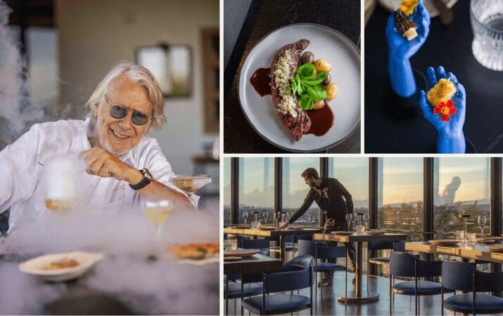 Chef in white coat with food, elegant restaurant interior, and artistic food presentation on blue hands.