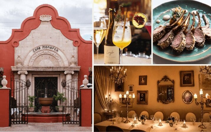 Restaurant exterior, elegant dining room, wine and cocktails, and a gourmet lamb dish on a plate.