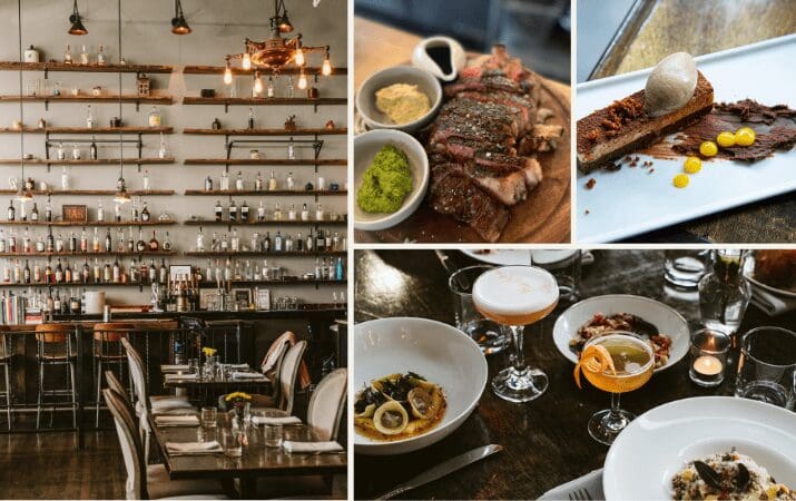 Collage of a restaurant interior, steak dish, dessert, and cocktails with meals on a table.
