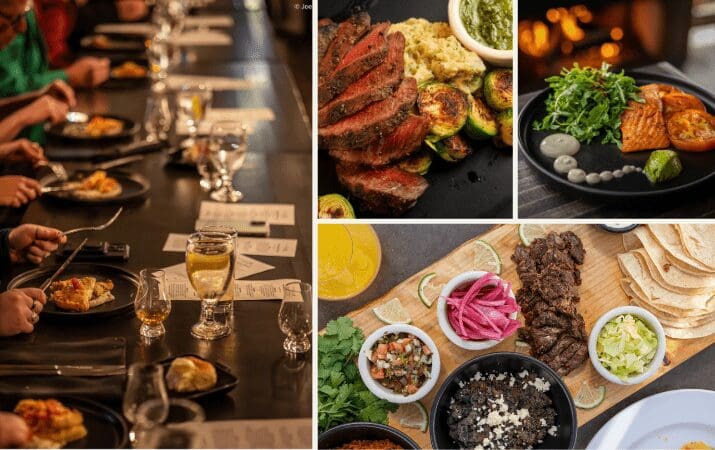 A collage of gourmet meals, including steak, vegetables, and a group dining setting.