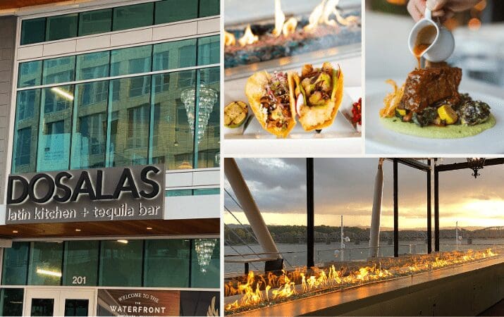 Restaurant exterior, gourmet dishes, and waterfront view with fire feature at Dosalas Latin Kitchen + Tequila Bar.