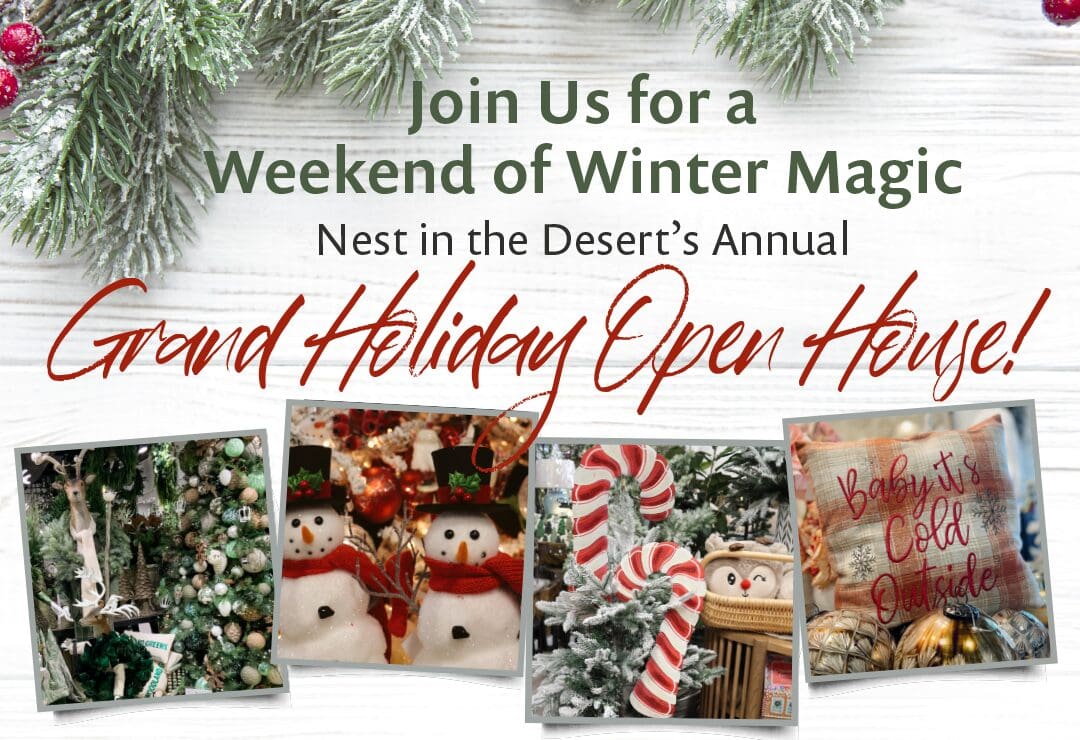 Festive holiday open house invitation with winter decorations and snowmen images.