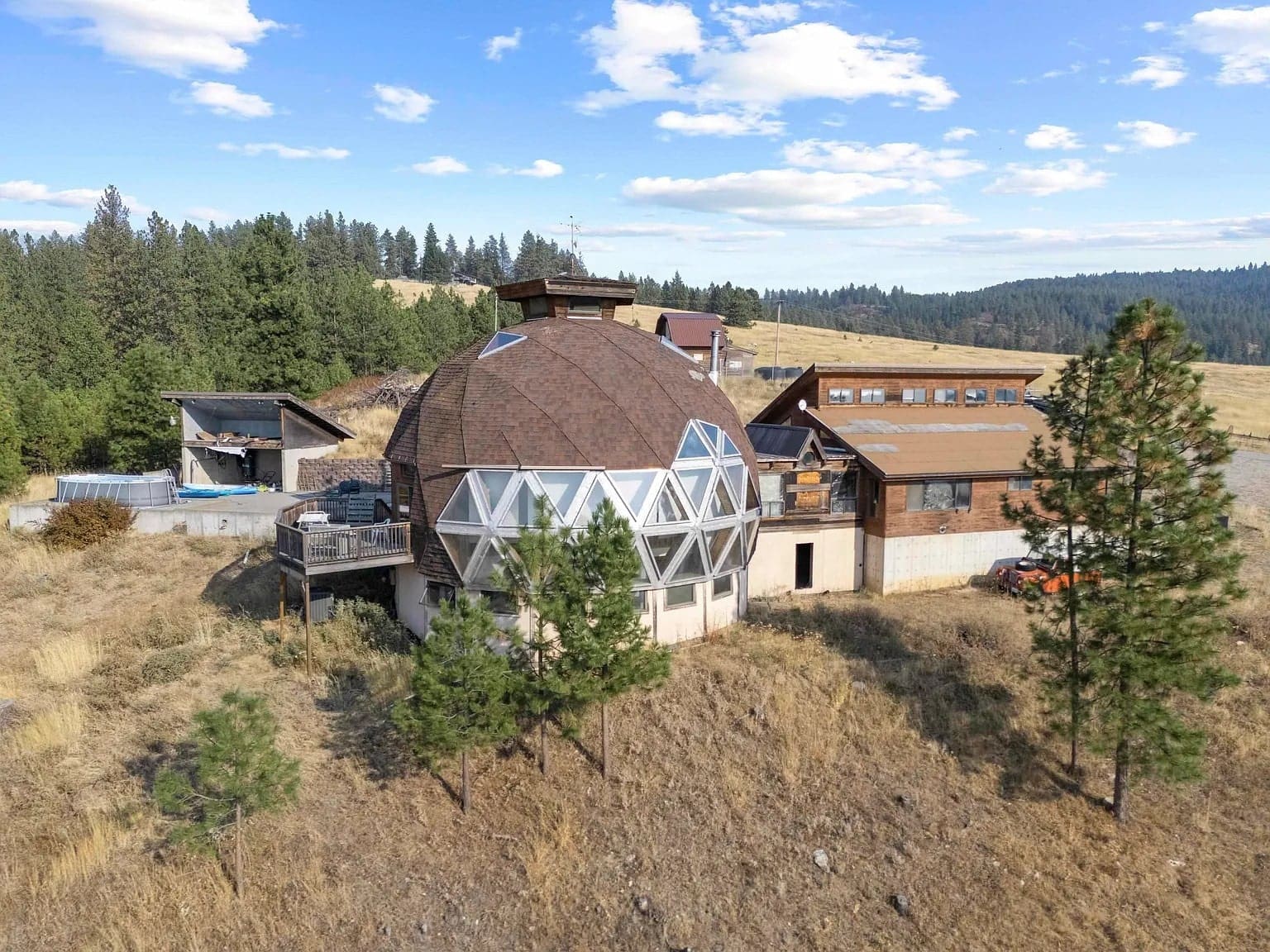 Geodesic dome house with triangular windows, surrounded by trees and open landscape.