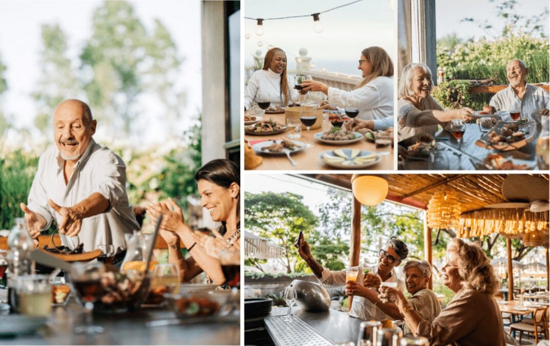 Various groups of people having dinner together